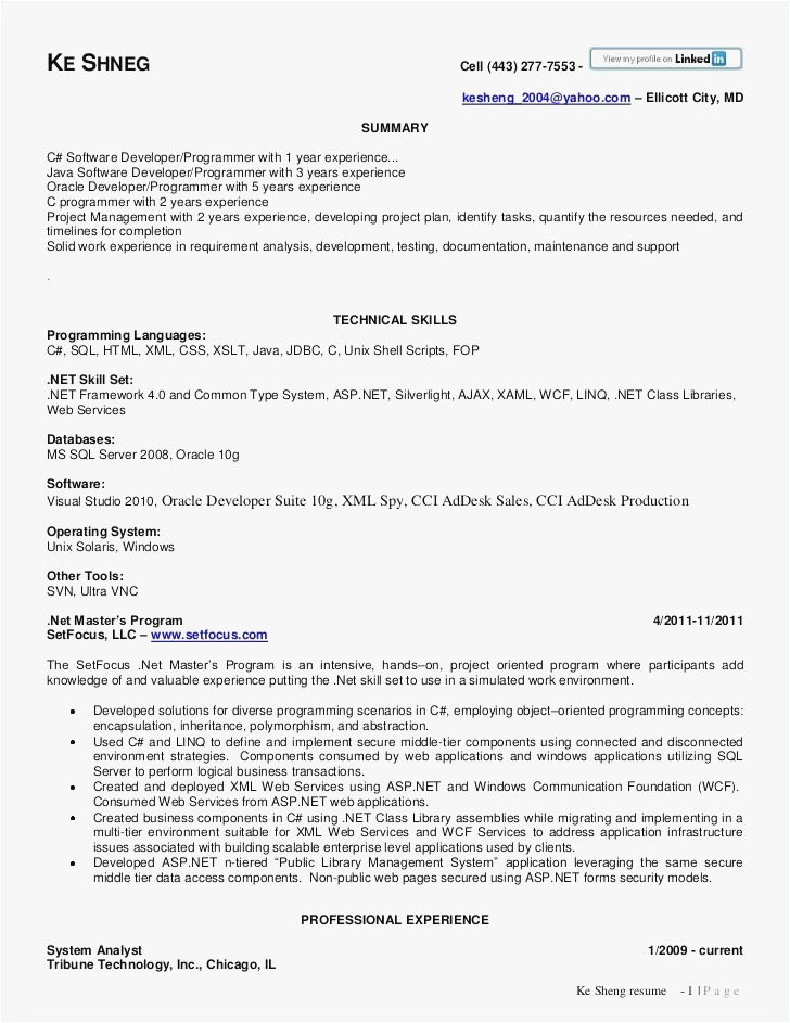 Resume Format For 1 Year Experienced Java Developer  