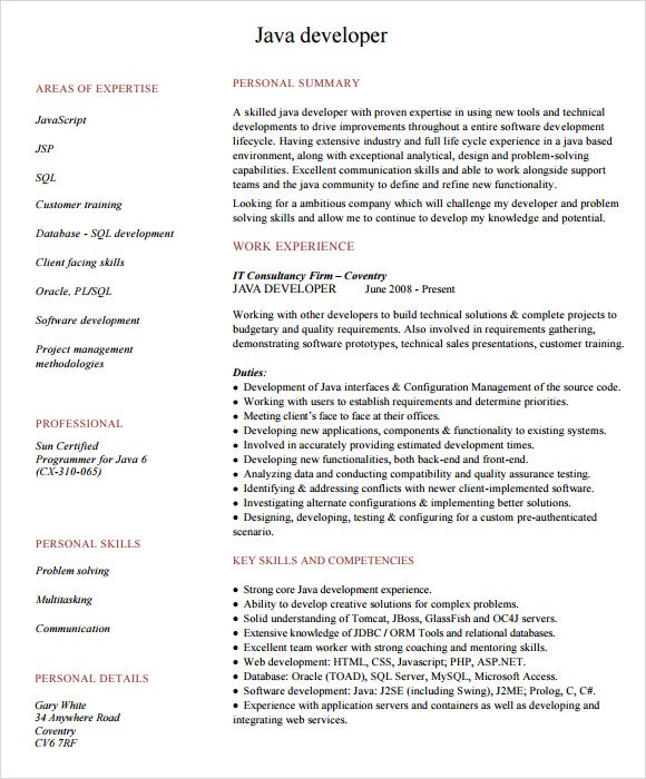 Resume Format For 1 Year Experienced Java Developer  