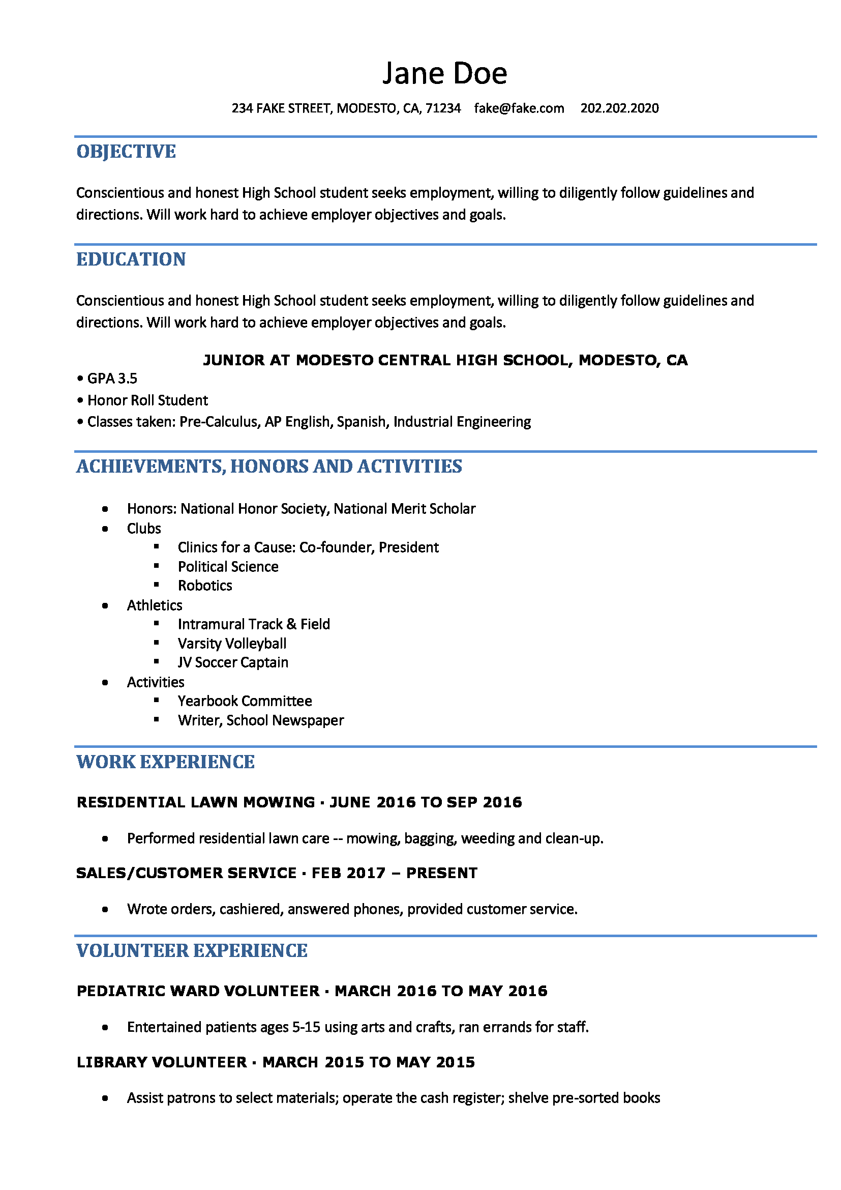 Resume Format High School  