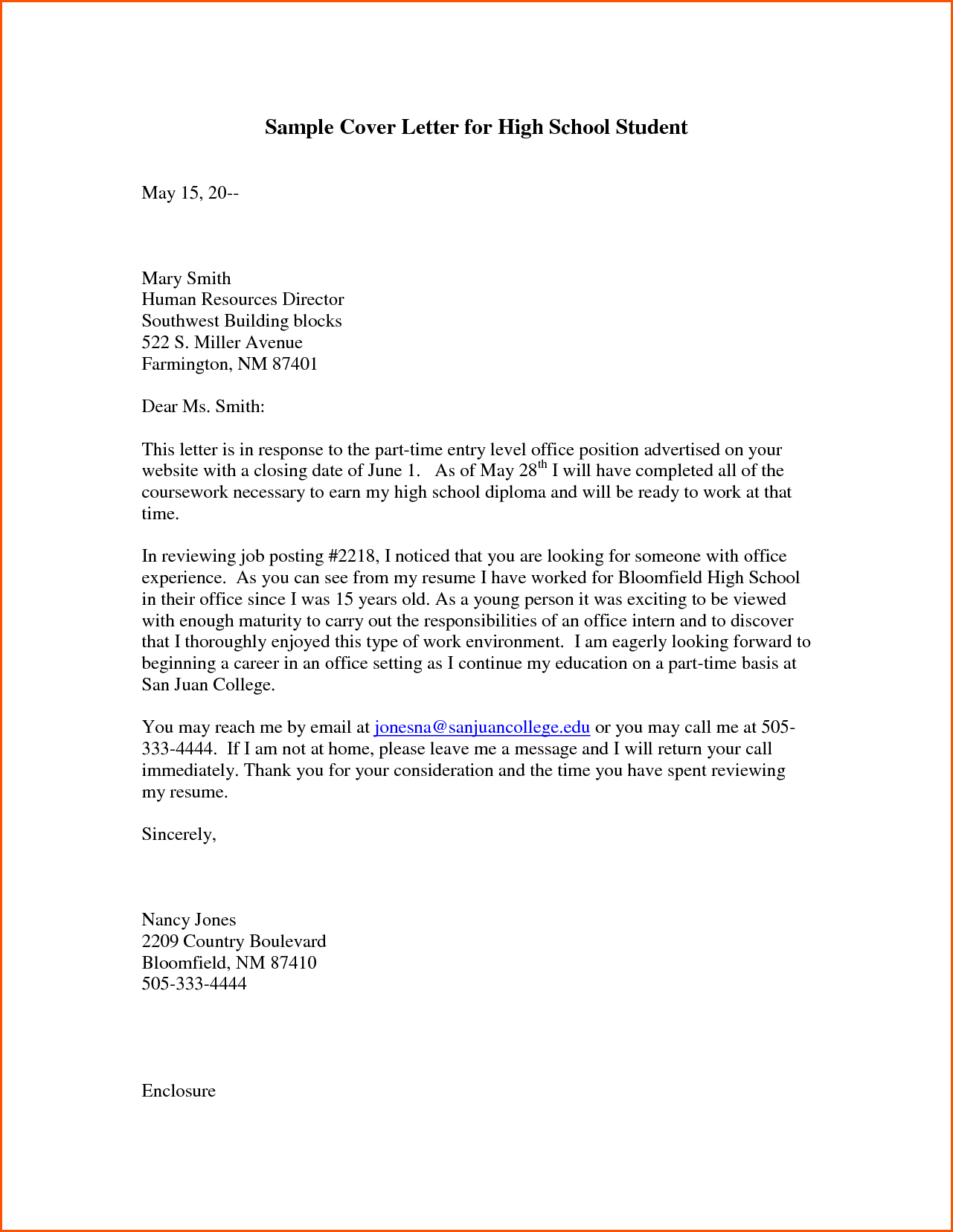 Cover Letter Template For High School Students  
