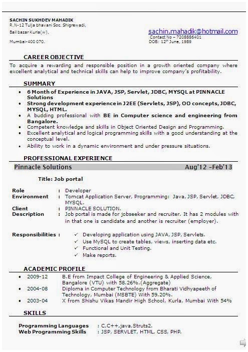 Sample Resume Format For 8 Months Experience  
