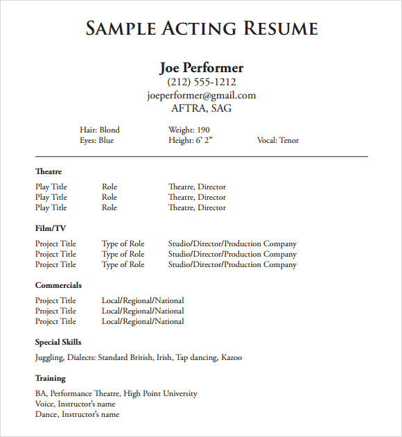 Resume Format Actor  