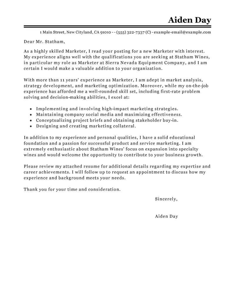 Cover Letter Template Marketing  