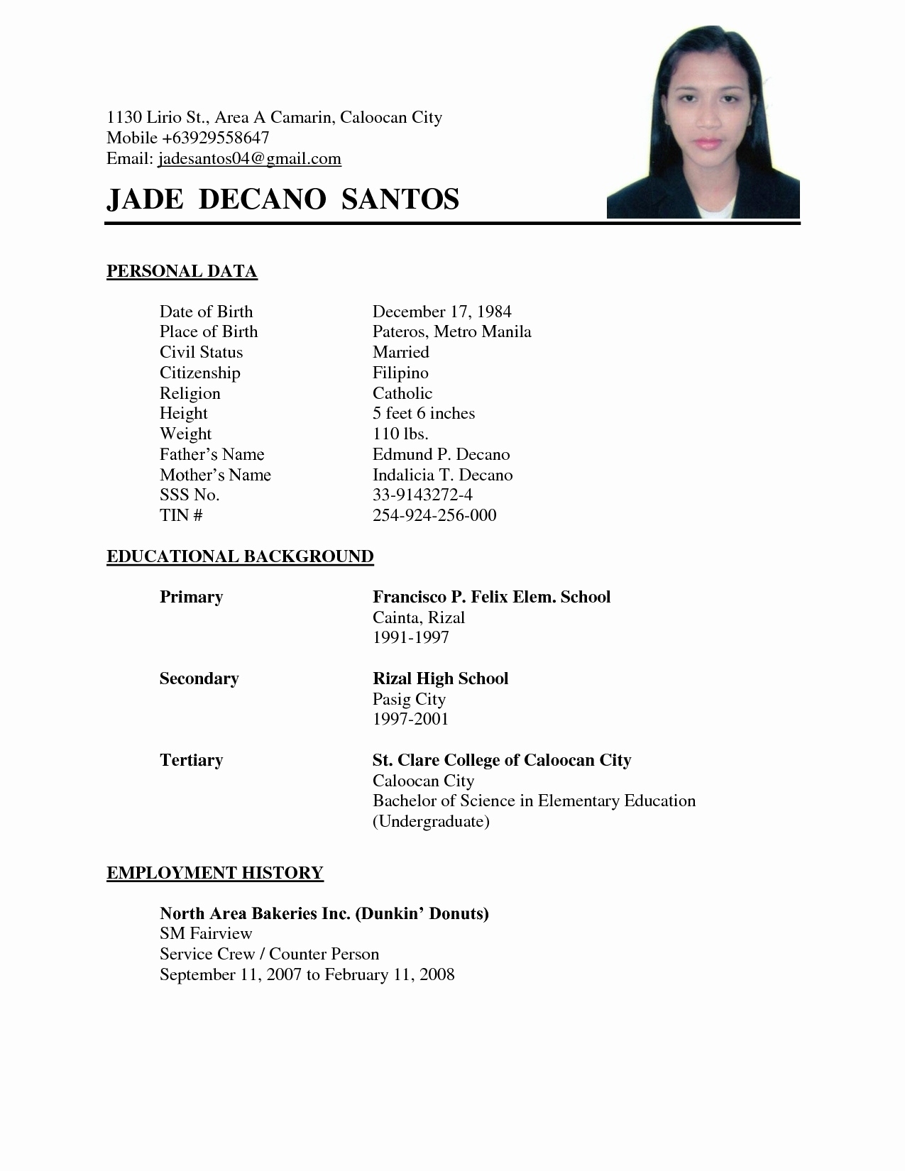 Resume Format With Photo 