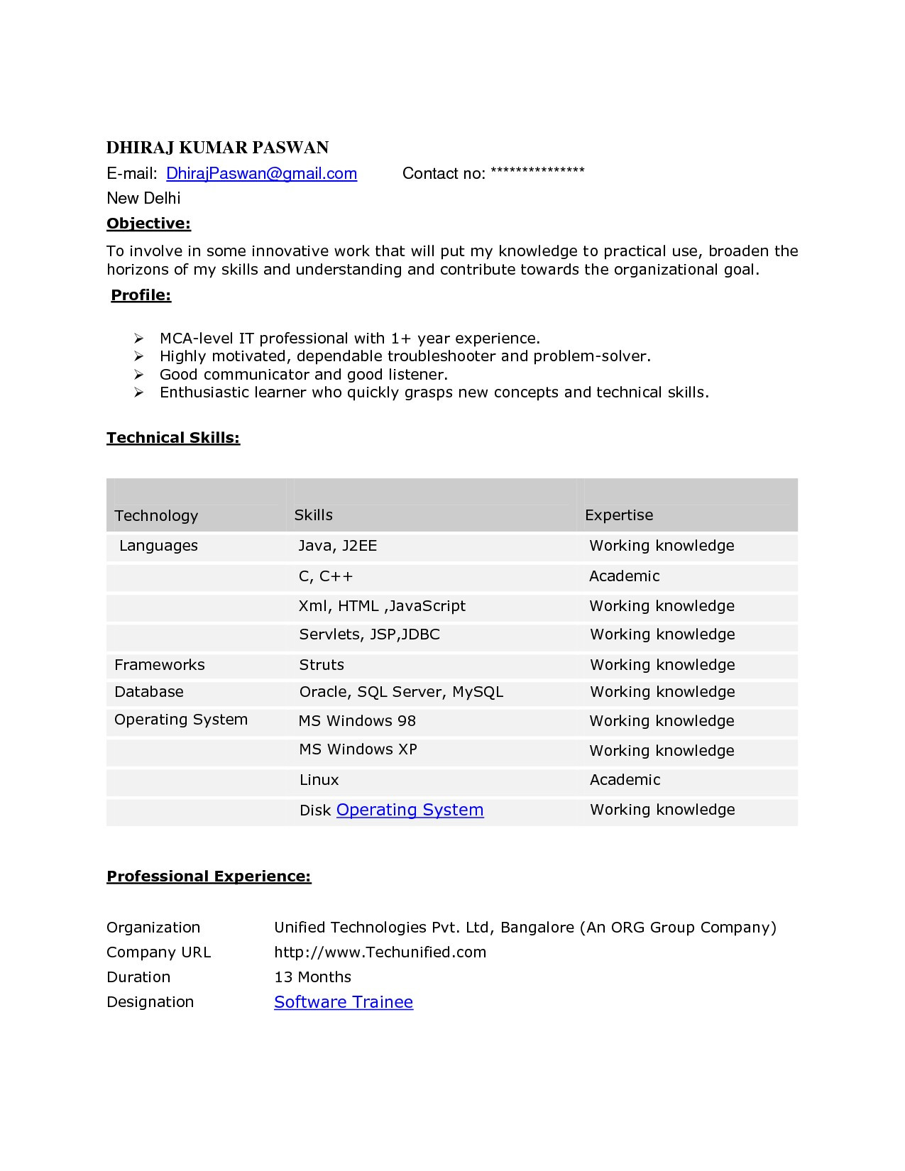 Resume Format For 4 Yrs Experience 