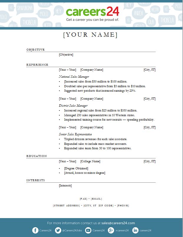 1 Page Cv Template South Africa  