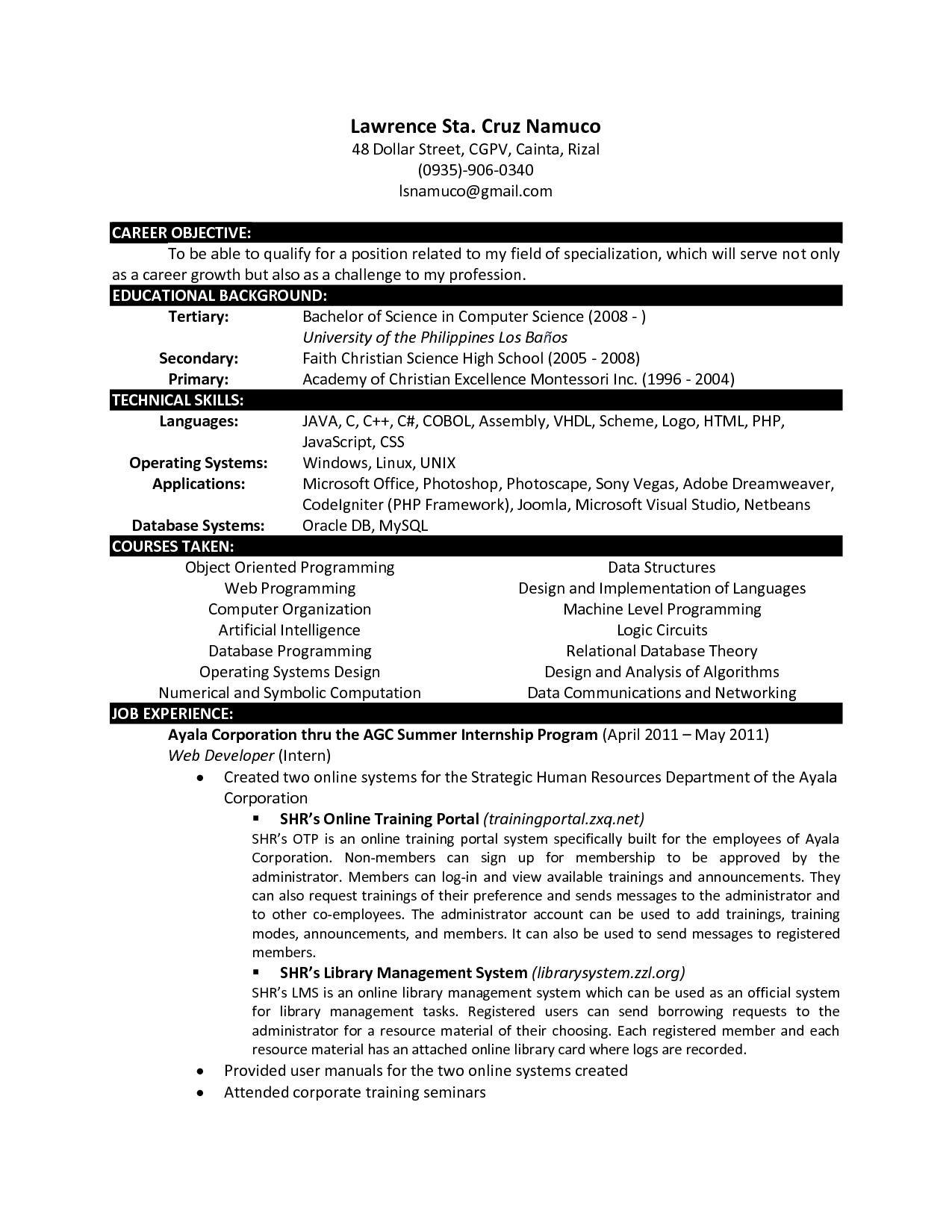 Resume Format Computer Science 