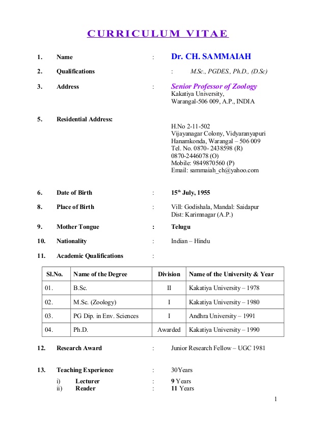 Resume Format For Msc Zoology  