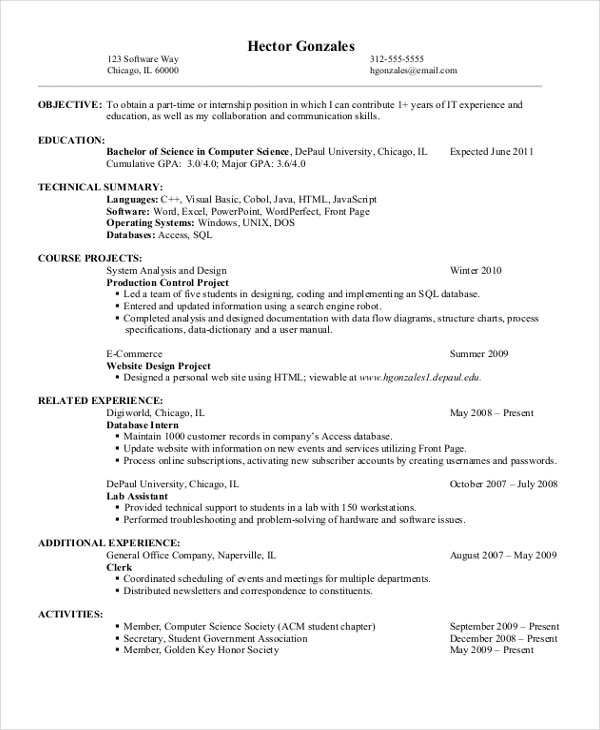 Resume Format Computer Science 