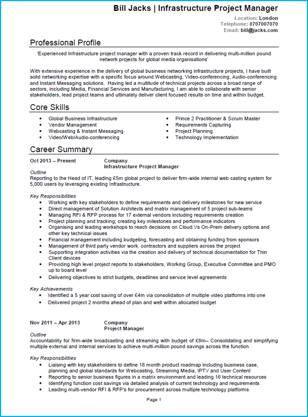 1 Page Cv Template Uk  