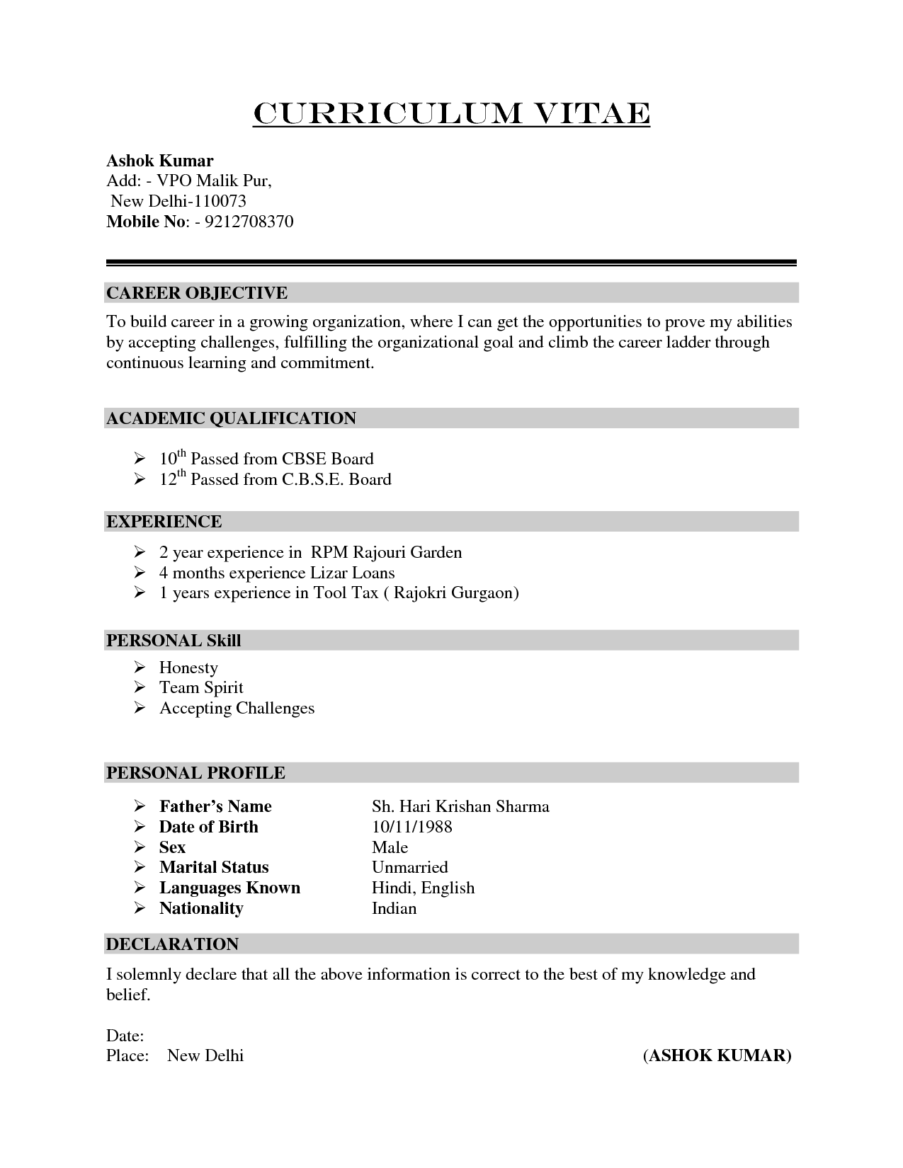 Resume Format In Cv 