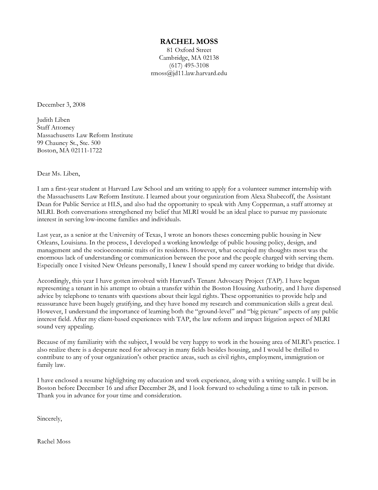 example of cover letter harvard