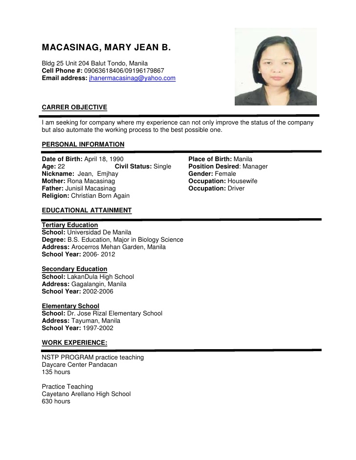 Sample Of Resume Format For Job Application 
