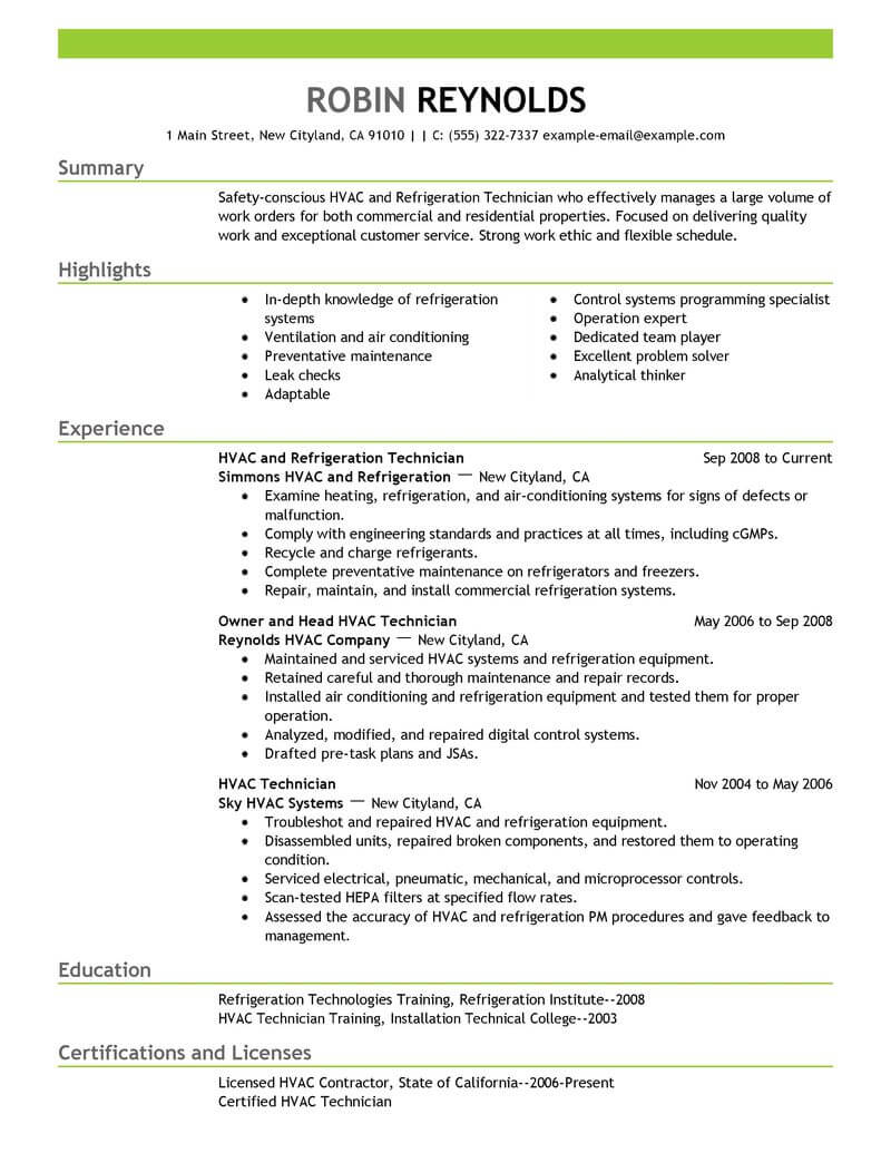 A C Technician Resume Format 