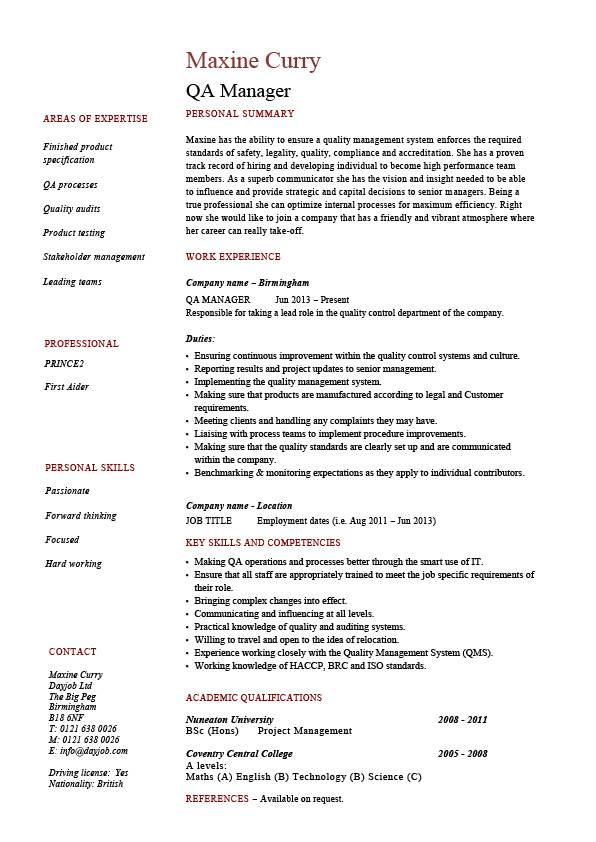 Cv Template Quality Manager 