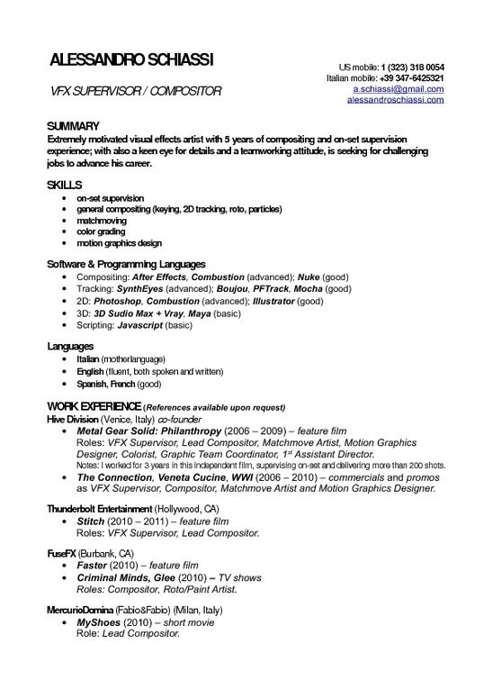 Resume Format Vfx Artist 