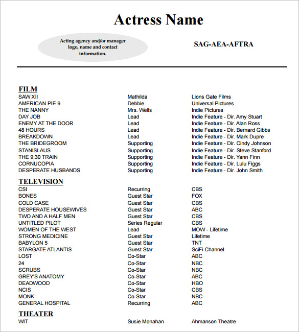 Resume Format Actor 