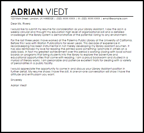 Cover Letter Template Library Assistant  